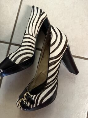 Michael Kors 6.5 Zebra Print Calf Hair High Heel Shoes Buckle Pumps